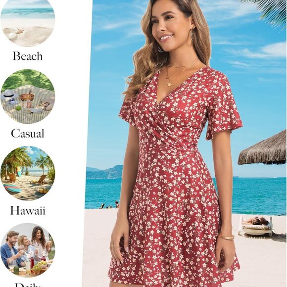 Womens Summer Floral Wrap Dress V-Neck A-Line Casual Vacation Midi - Picture 5 of 5